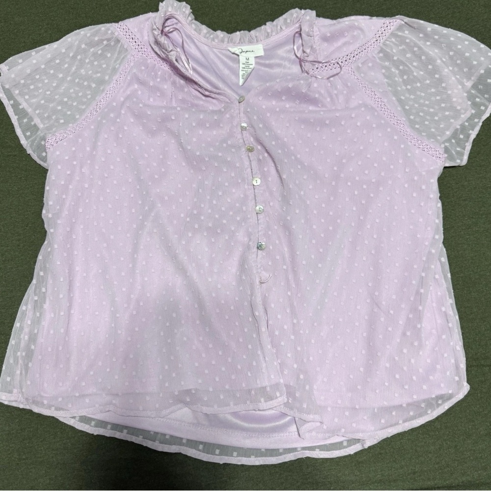 Japna M Light Purple Polka Dot Mesh Top – Romantic Ruffle Neck Feminine Blouse
